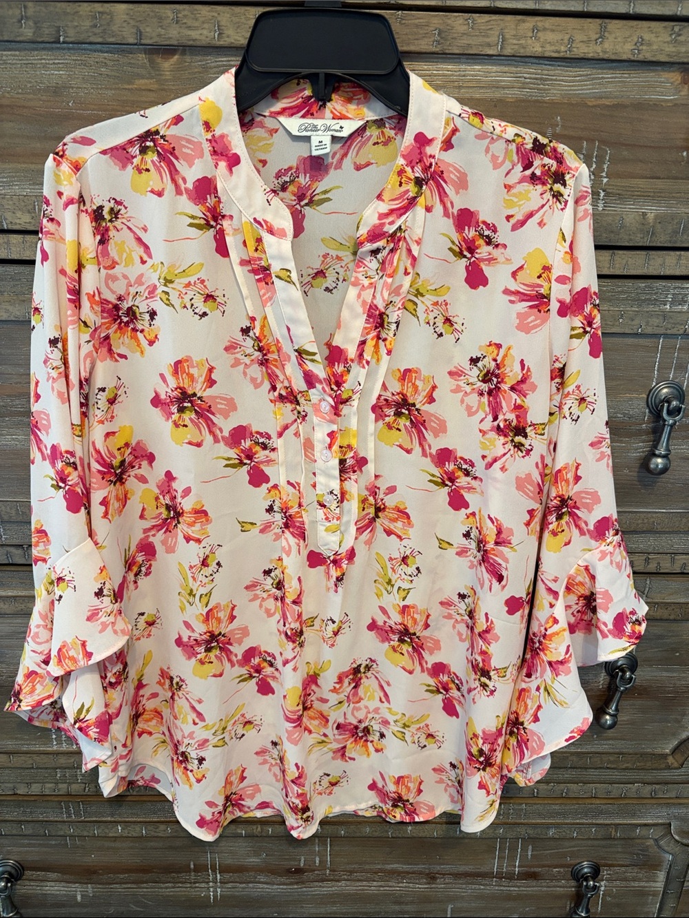 Floral Split-Neck Blouse - Pink & Yellow